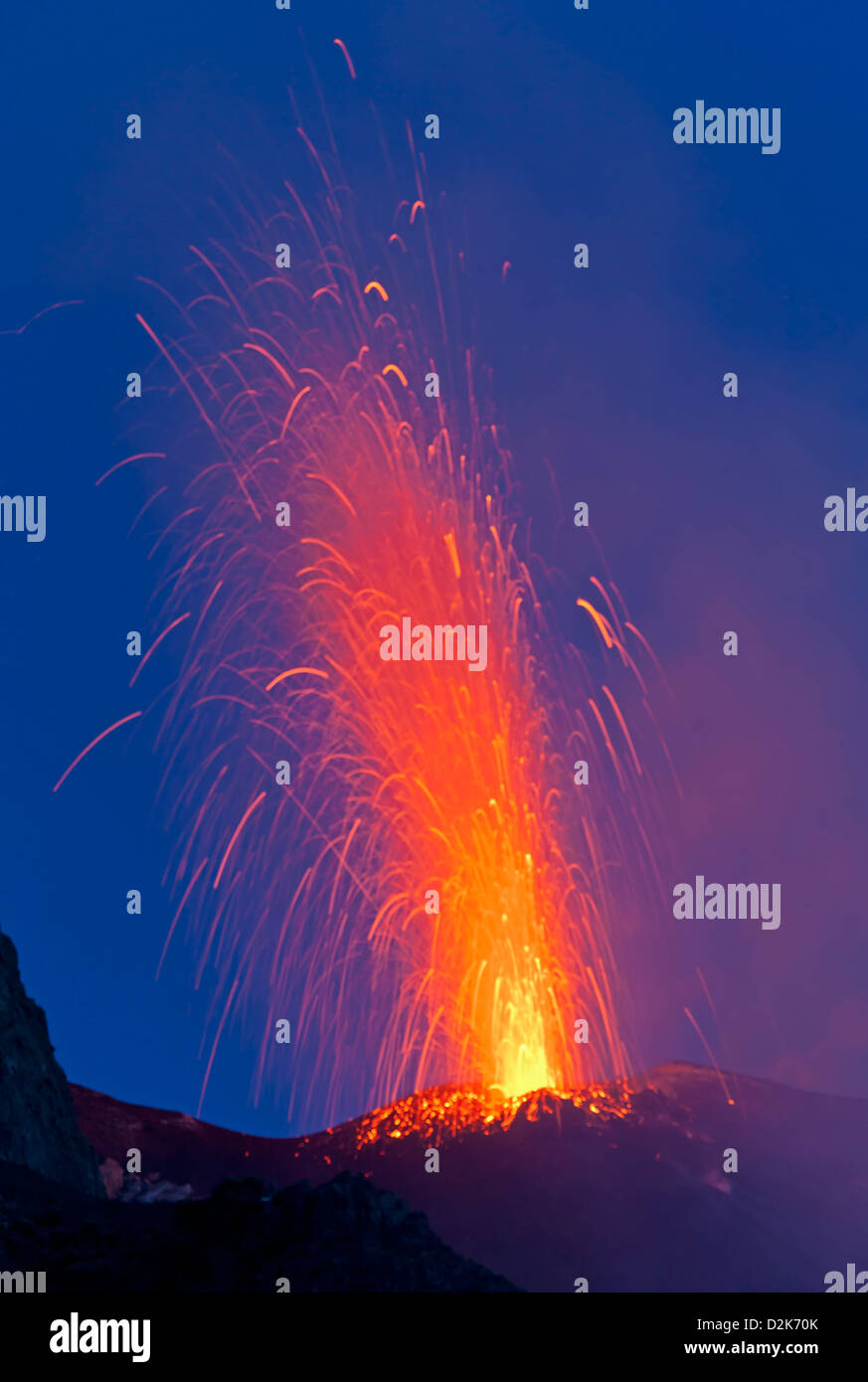 Eruptions of volcano Stromboli, Aeolian Islands, Italy Stock Photo