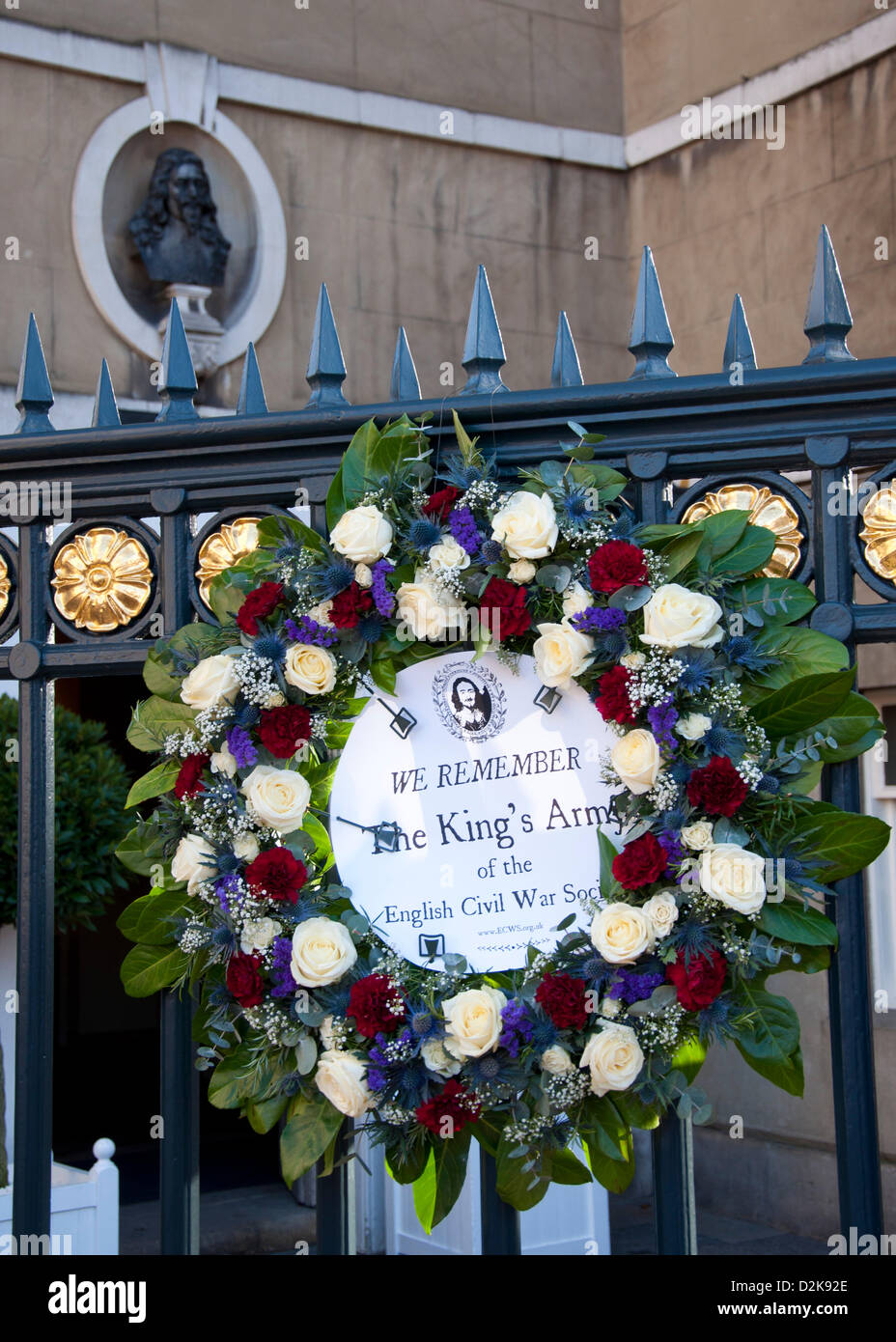 London, UK. 27th Jan, 2013.  A wreath attached to Banquetting House on Whitehall. The bust of Charles I marks the spot where he was led from the palace on to the gallows to be executed. Credit: Andy Thornley/Alamy Live News Stock Photo
