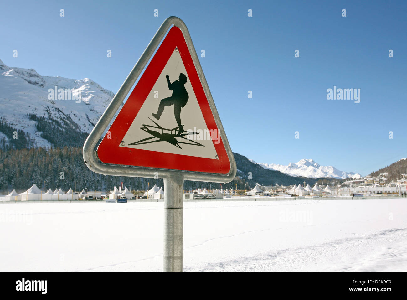St. Moritz, Switzerland, danger sign-esteem, burglary risk on frozen lake- Stock Photo