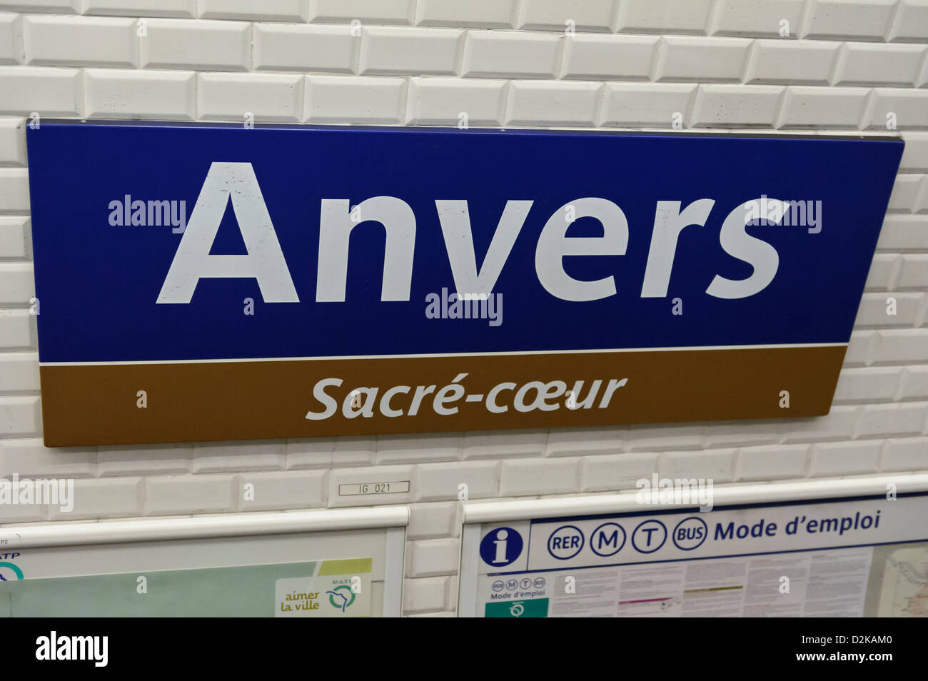 Anvers Metro sign on platform, Paris, France. Stock Photo