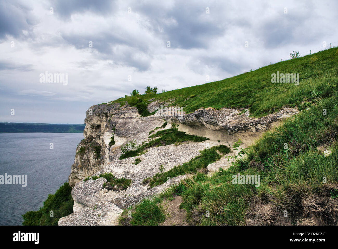 high rock over river at cloudy day, Dniester, Ukraine Stock Photo