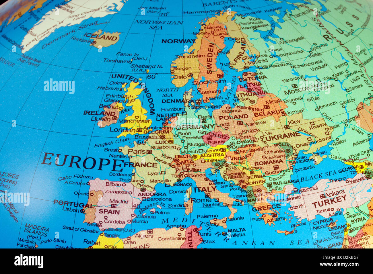 Europe map; A map of Europe continent showing the countries on a globe, 2013 Stock Photo