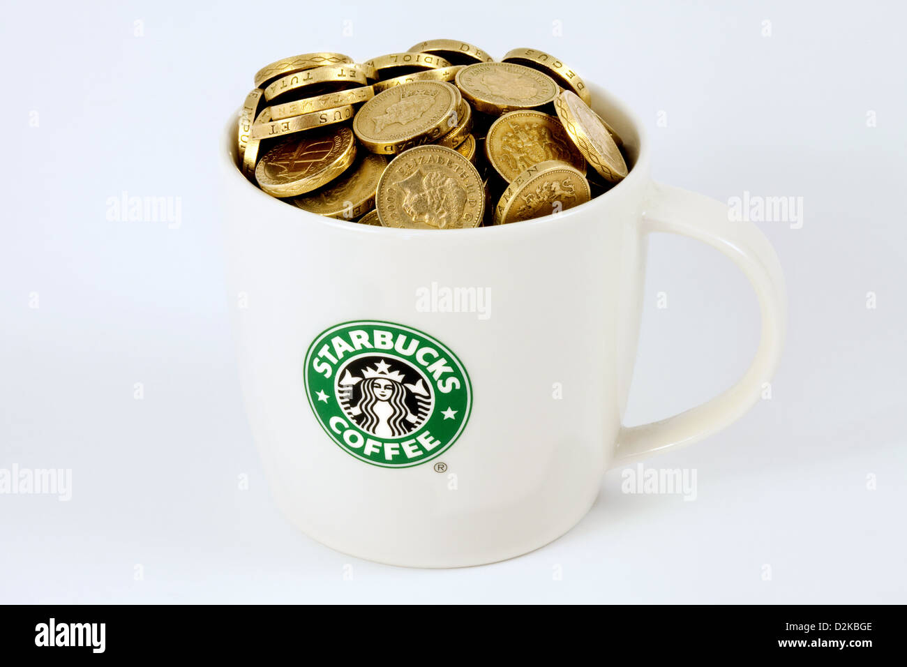 A Starbucks cup or Starbucks mug full of money - pound coins, UK Stock Photo