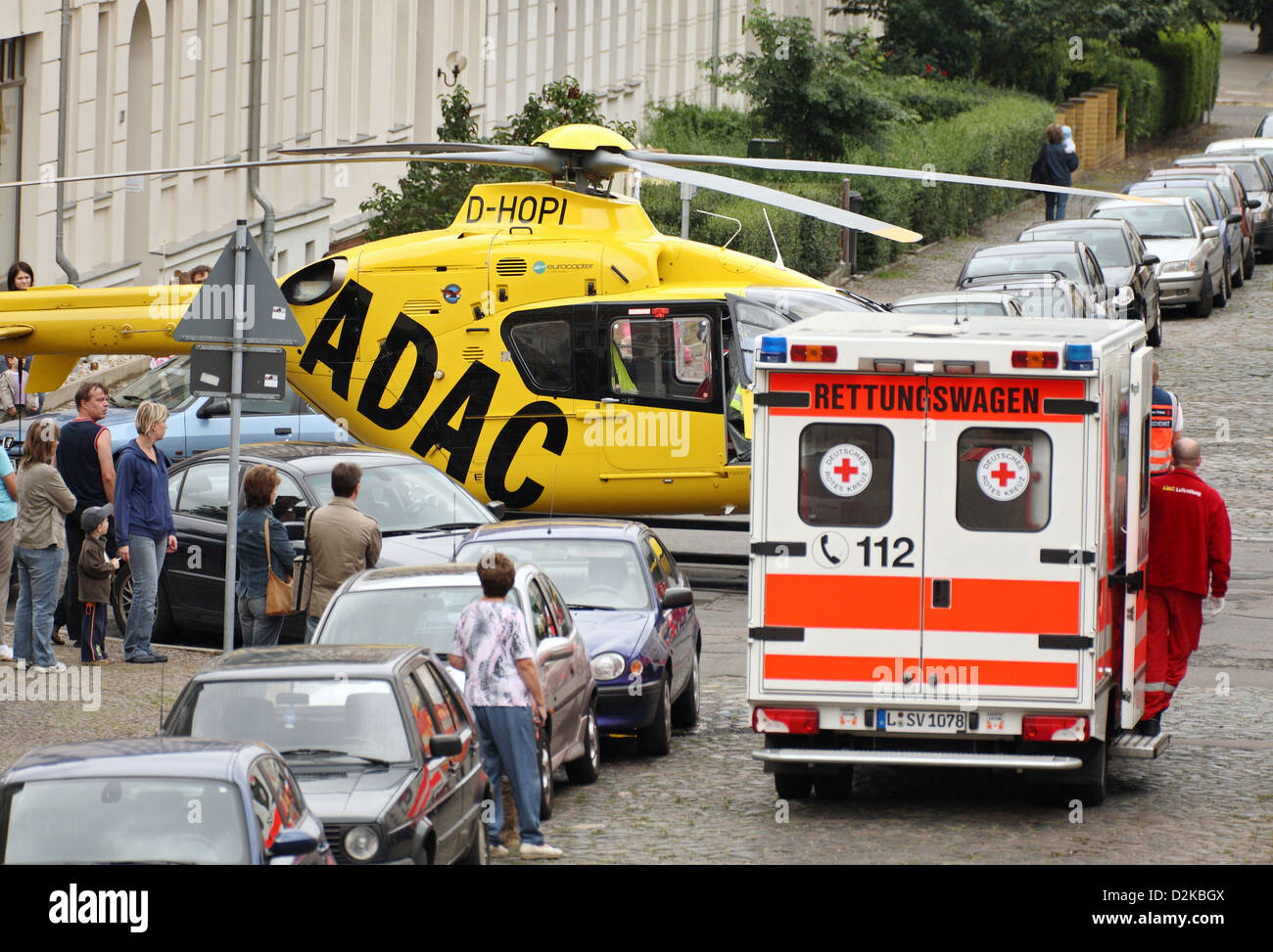 Leipzig, Germany, ADAC rescue helicopter Christoph 61 on a crossroad Stock Photo