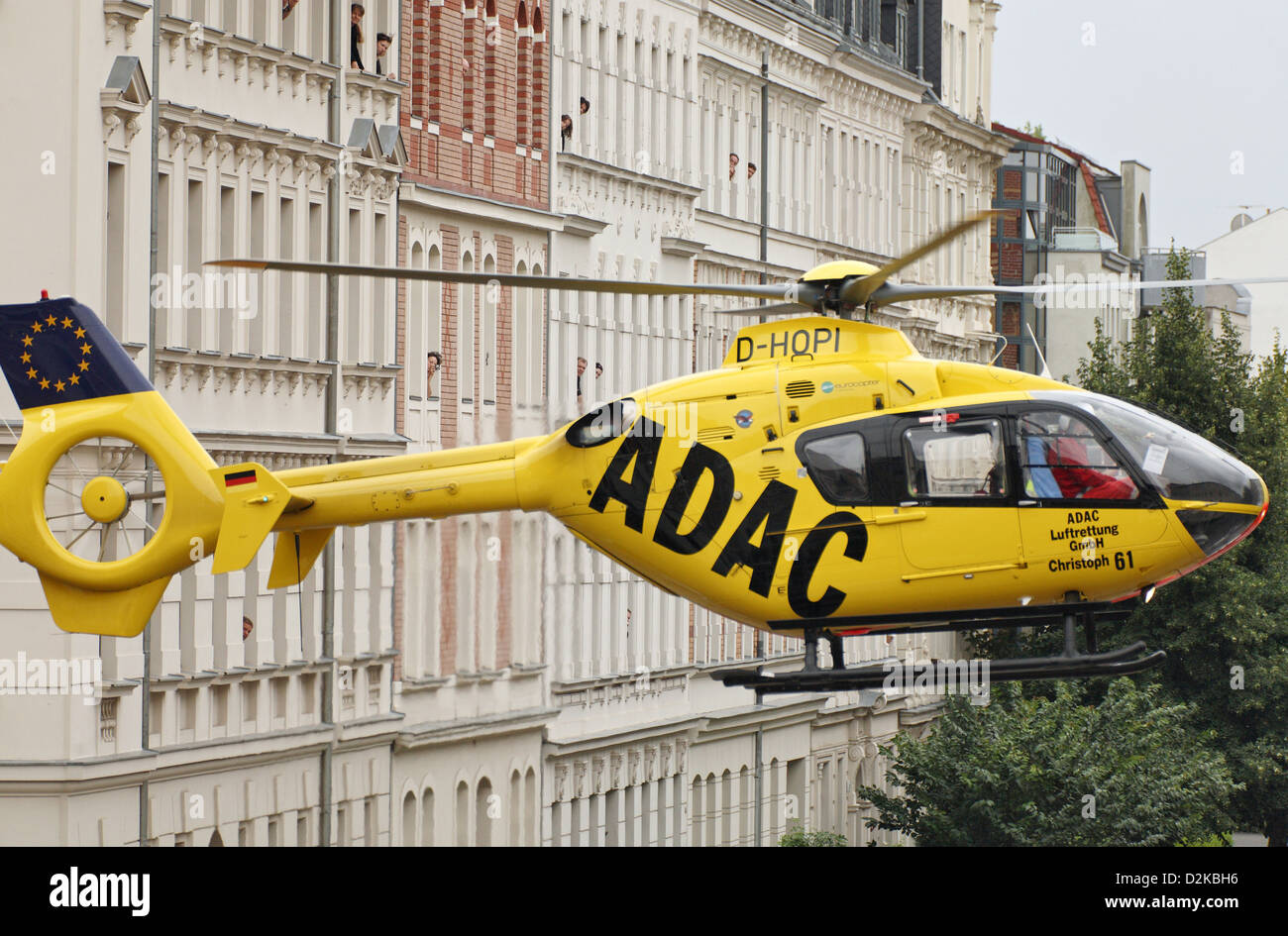 Leipzig, Germany, ADAC rescue helicopter Christoph 61 in downtown Stock Photo