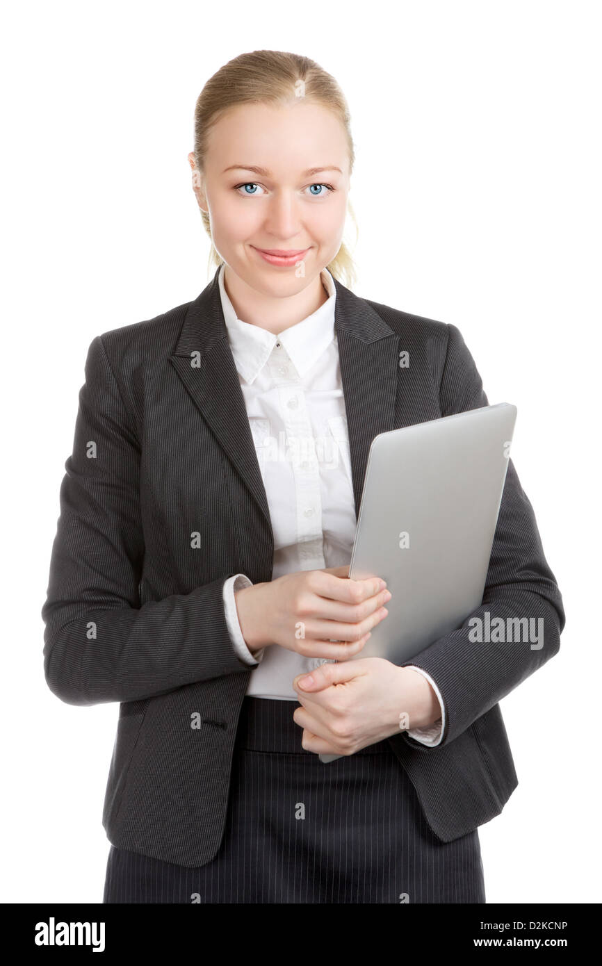 happy business woman with laptop, isolated on white Stock Photo - Alamy