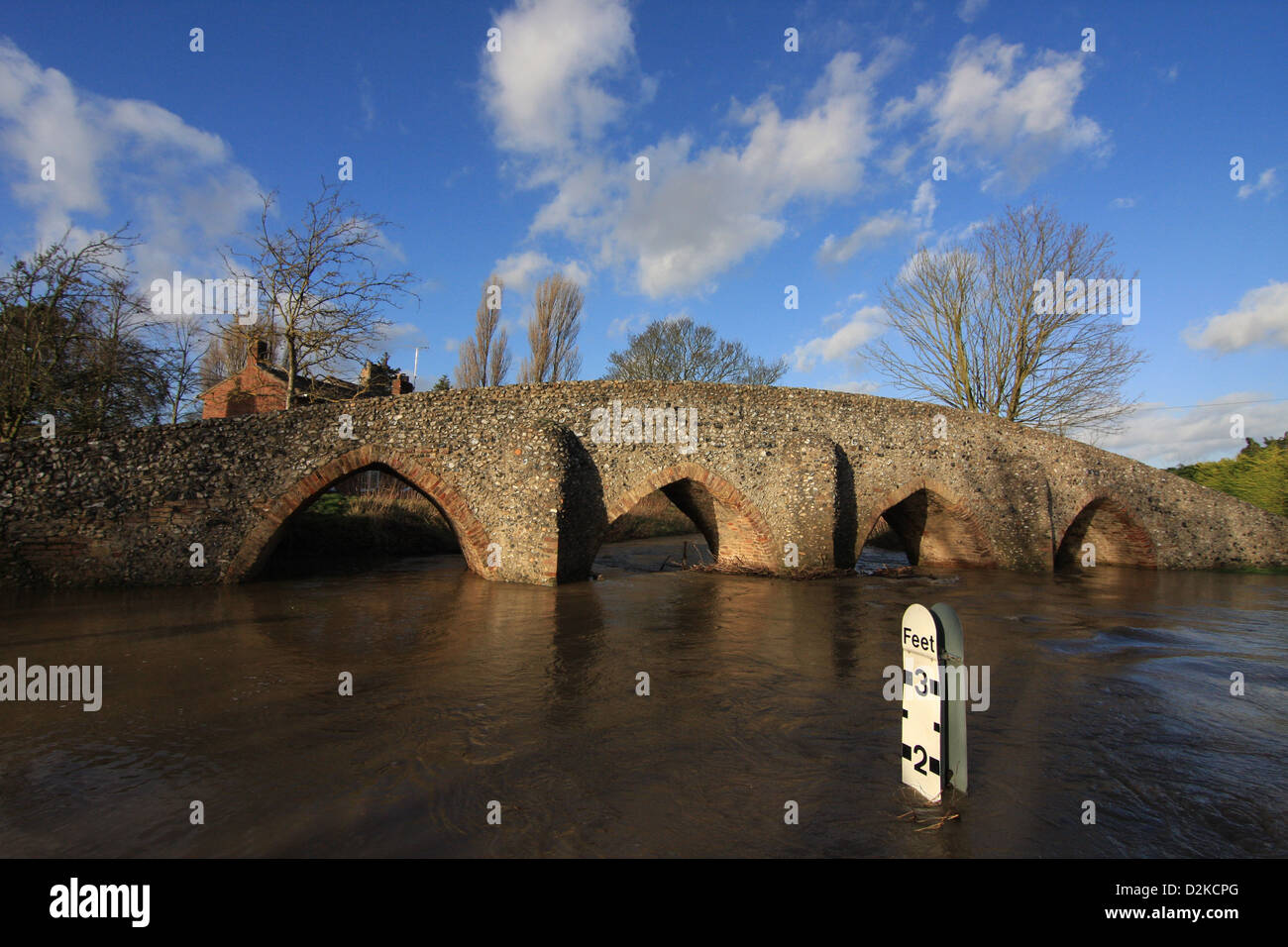 The ancient packhorse bridge at Moulton, Suffolk, stands over its