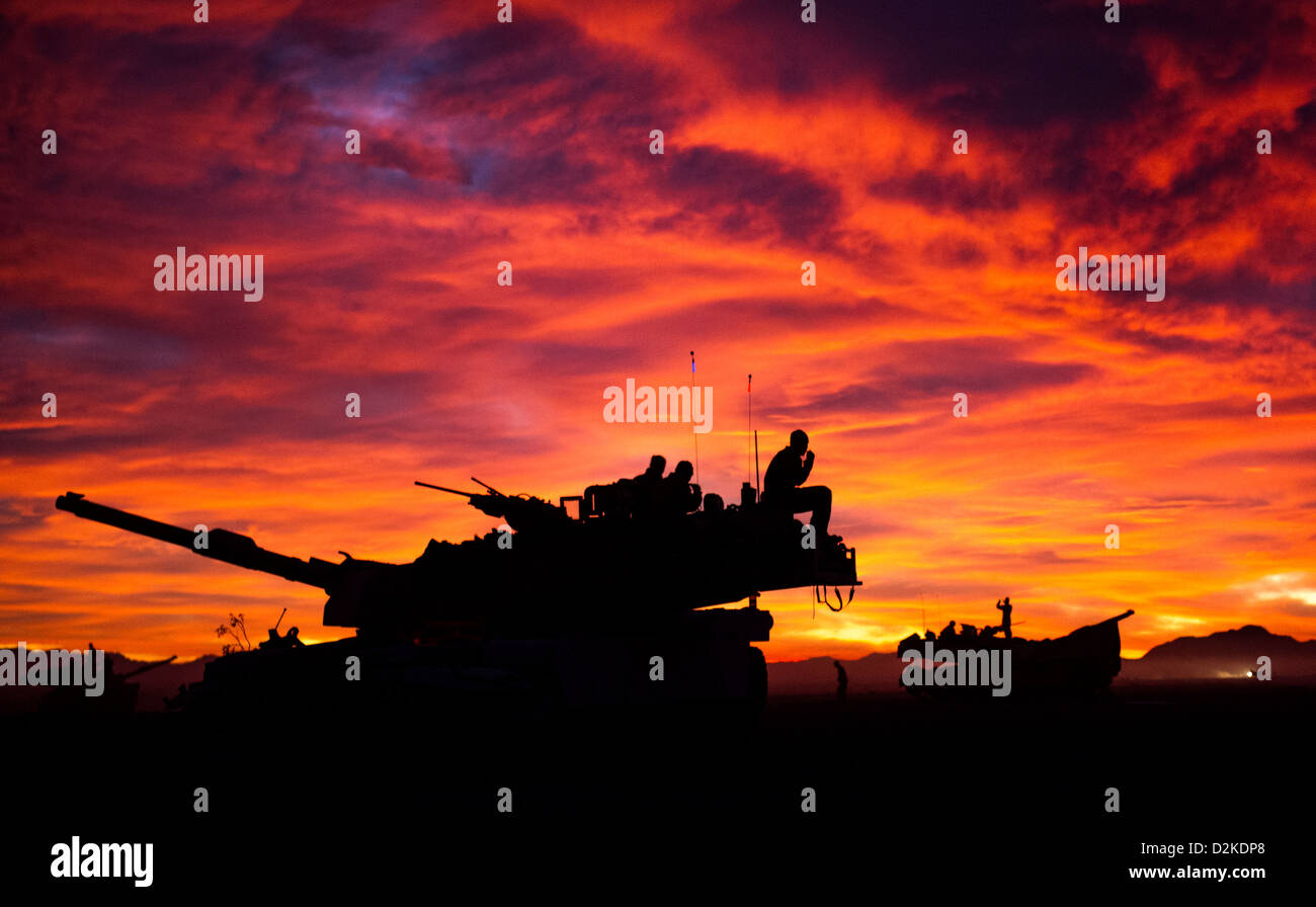 U.S. Marine Corps M1A1 Abrams Tank Crew  prepare for the start of the days events. Stock Photo
