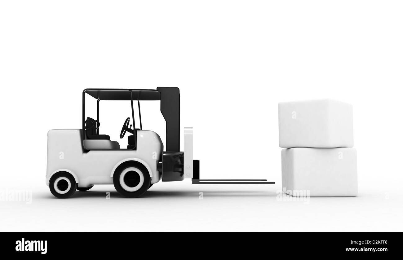 3D Rendered white forklift with boxes Stock Photo
