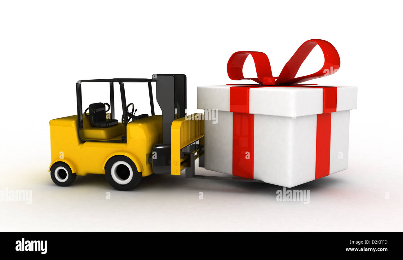 forklift with gift box 3d rendered isolated Stock Photo