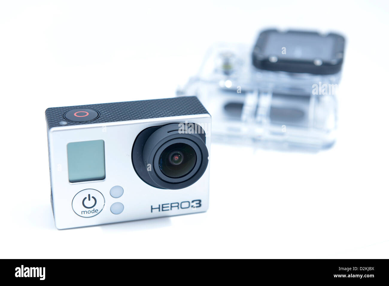 GoPro Hero 3 Black Edition camera with waterproof casing in the background Stock Photo