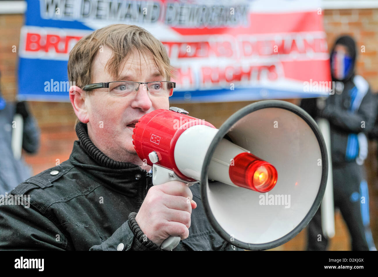 27th January 2013, Londonderry, Northern Ireland.  Willie Frazer addresses a crowd of Unionists during a peaceful protest Stock Photo