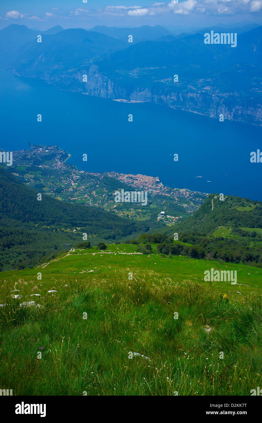 Aerial view of Lake Garda and Malcesine, viewed from the top of Monte Baldo Stock Photo