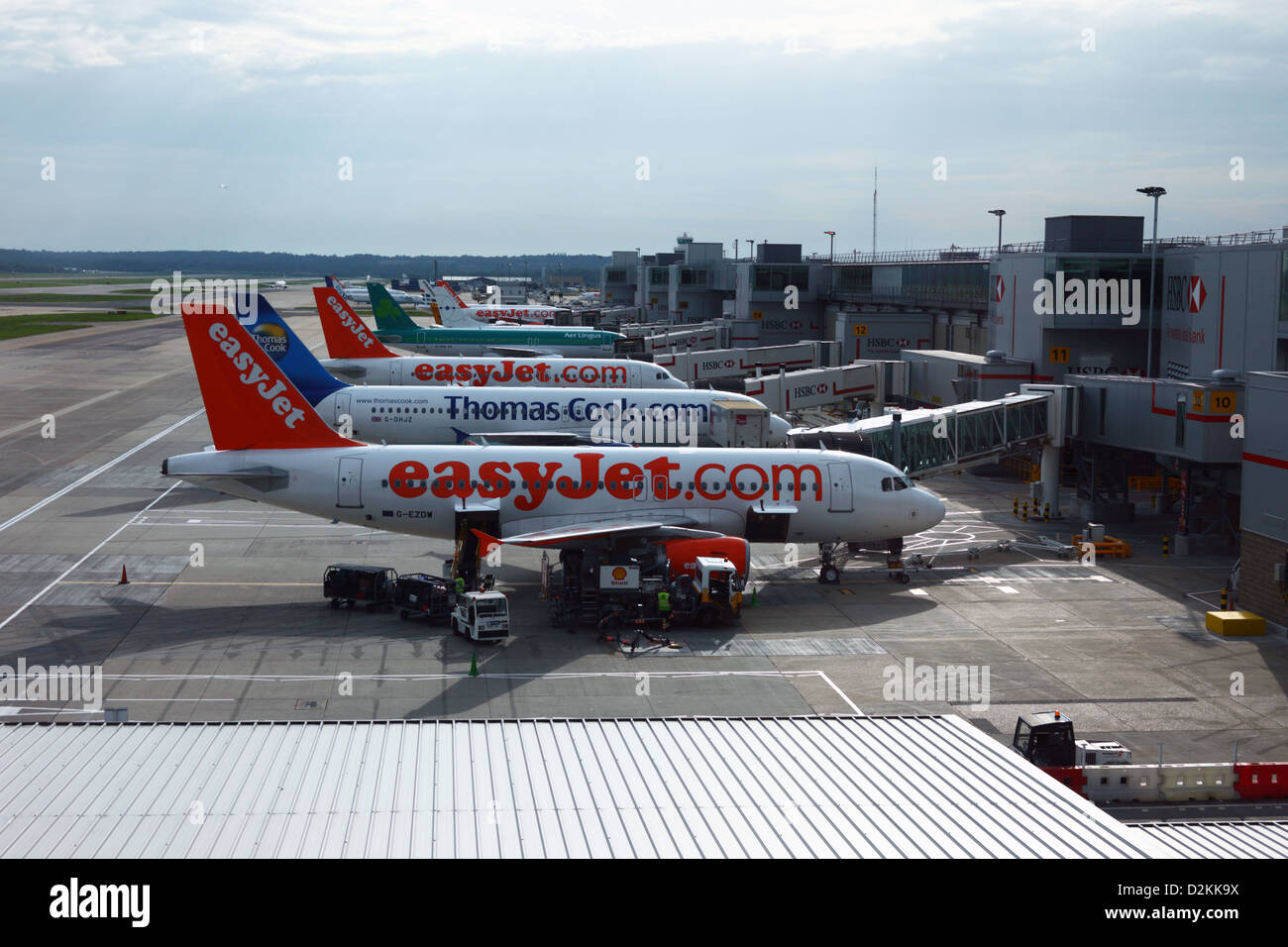Easyjet, Thomas Cook and Air Lingus aircraft at south terminal, London
