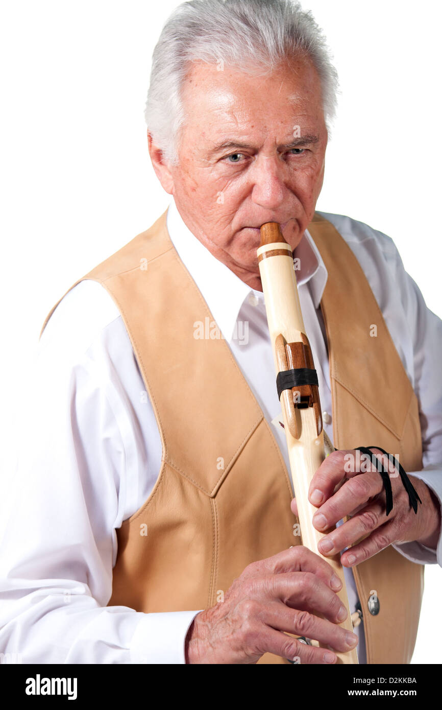 Senior male playing native american indian flute Stock Photo Alamy