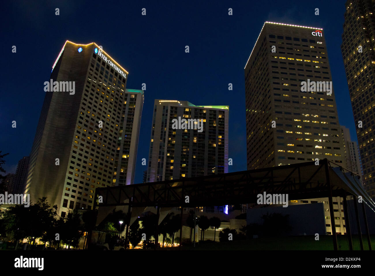 Bayfront Park, Brickell Key and Biscayne Boulevard skyline at night, Miami, Florida, United States Stock Photo