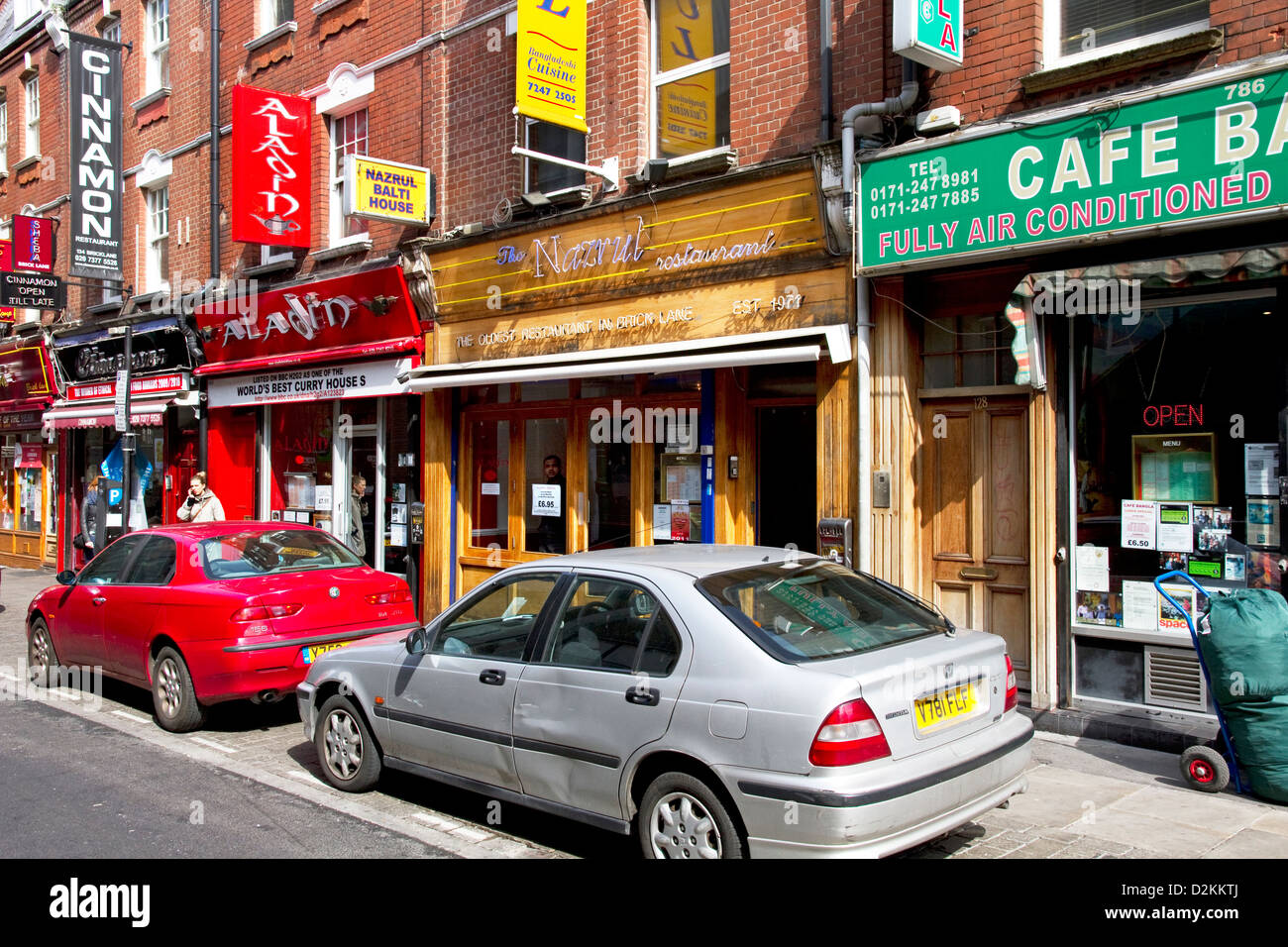 Restaurants on Brick Lane, Spitalfields, Tower Hamlets, East End, London, UK Stock Photo