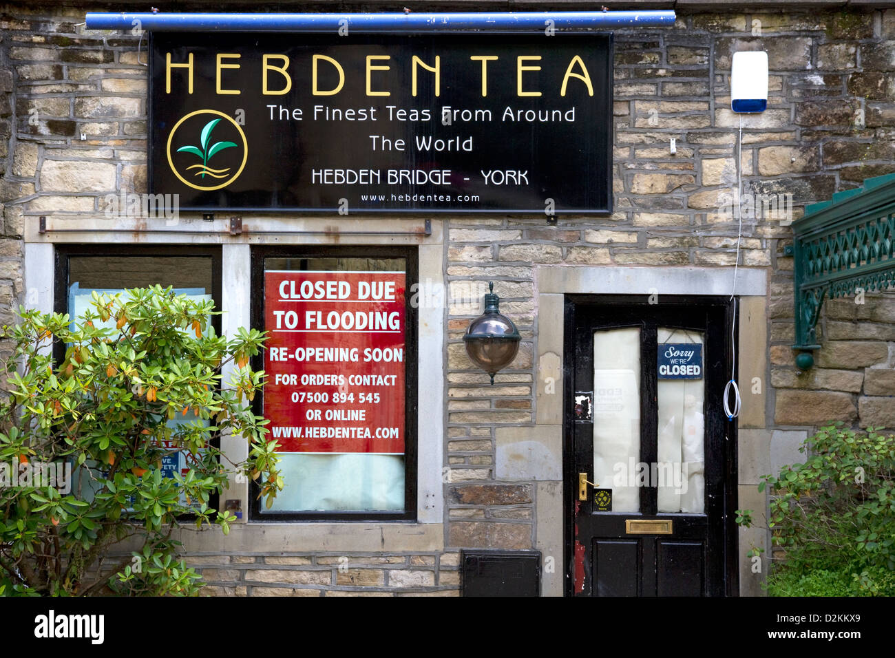 Hebden Tea Company store, closed due to flooding, town centre, Hebden Bridge, West Yorkshire, England, UK Stock Photo