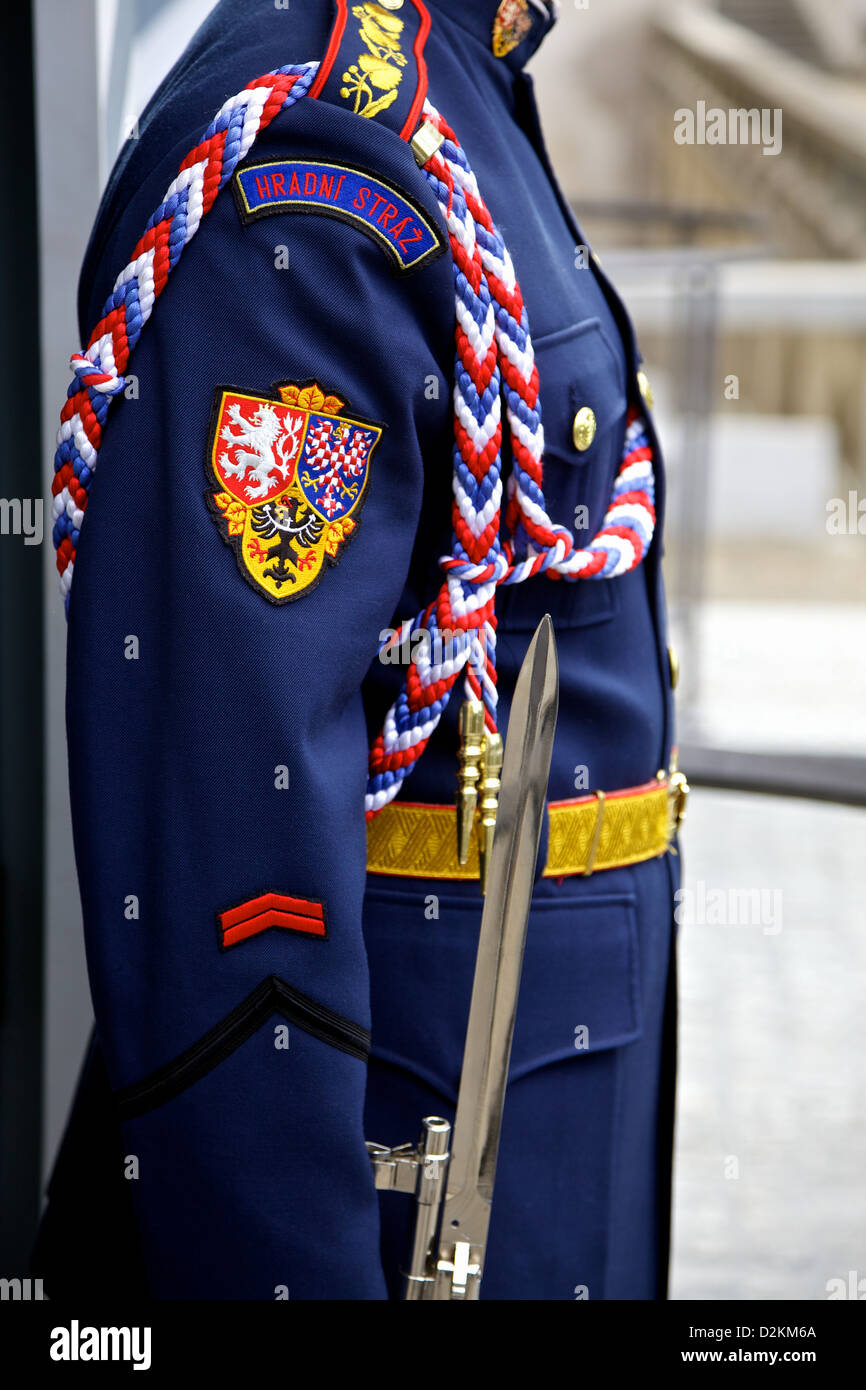 Detail of a uniformed soldier at the entrance to Prague Castle,a UNESCO World Heritage site. Stock Photo