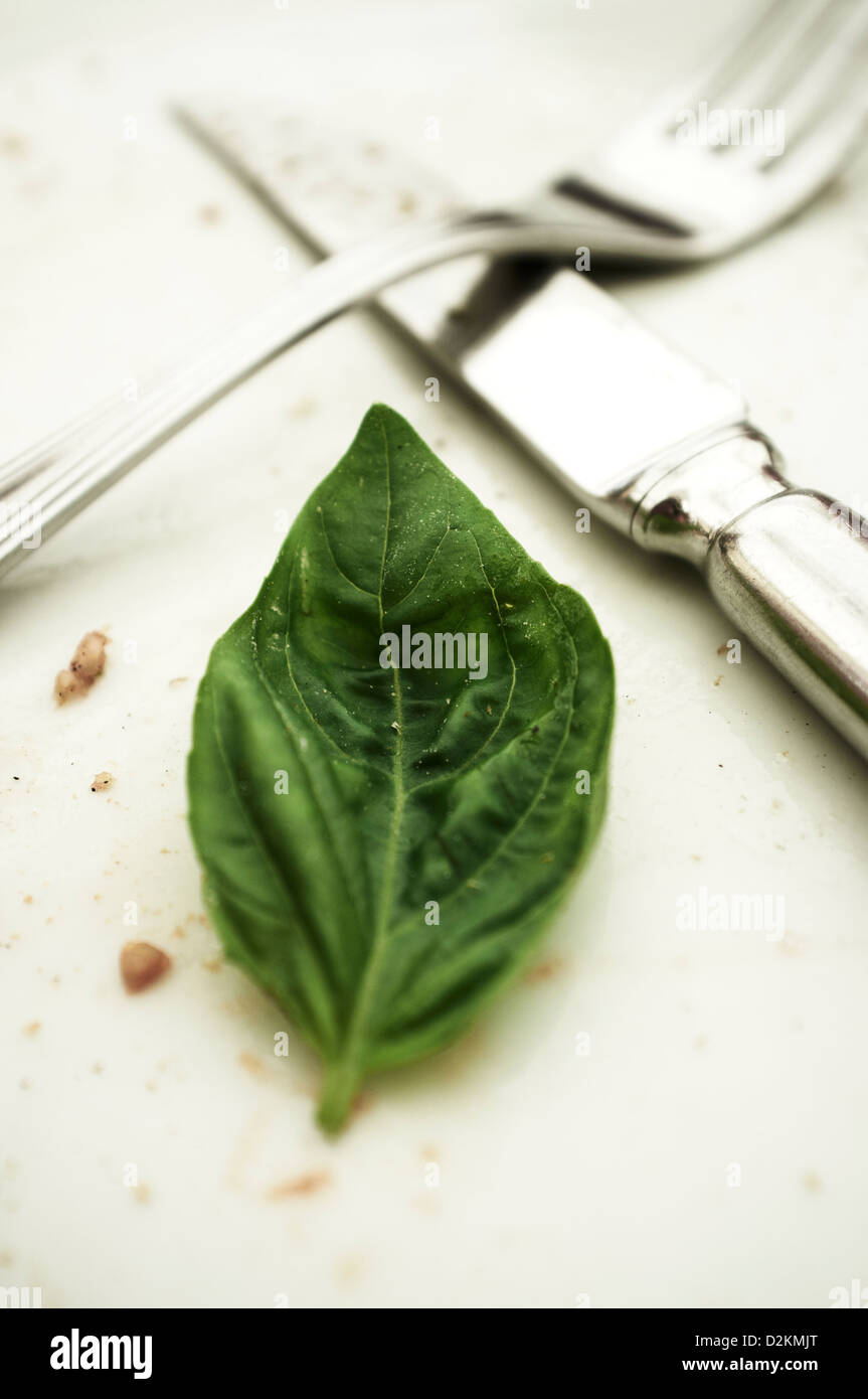 Remains of bruschetta, empty plate with knife, fork and basil leaf Stock Photo