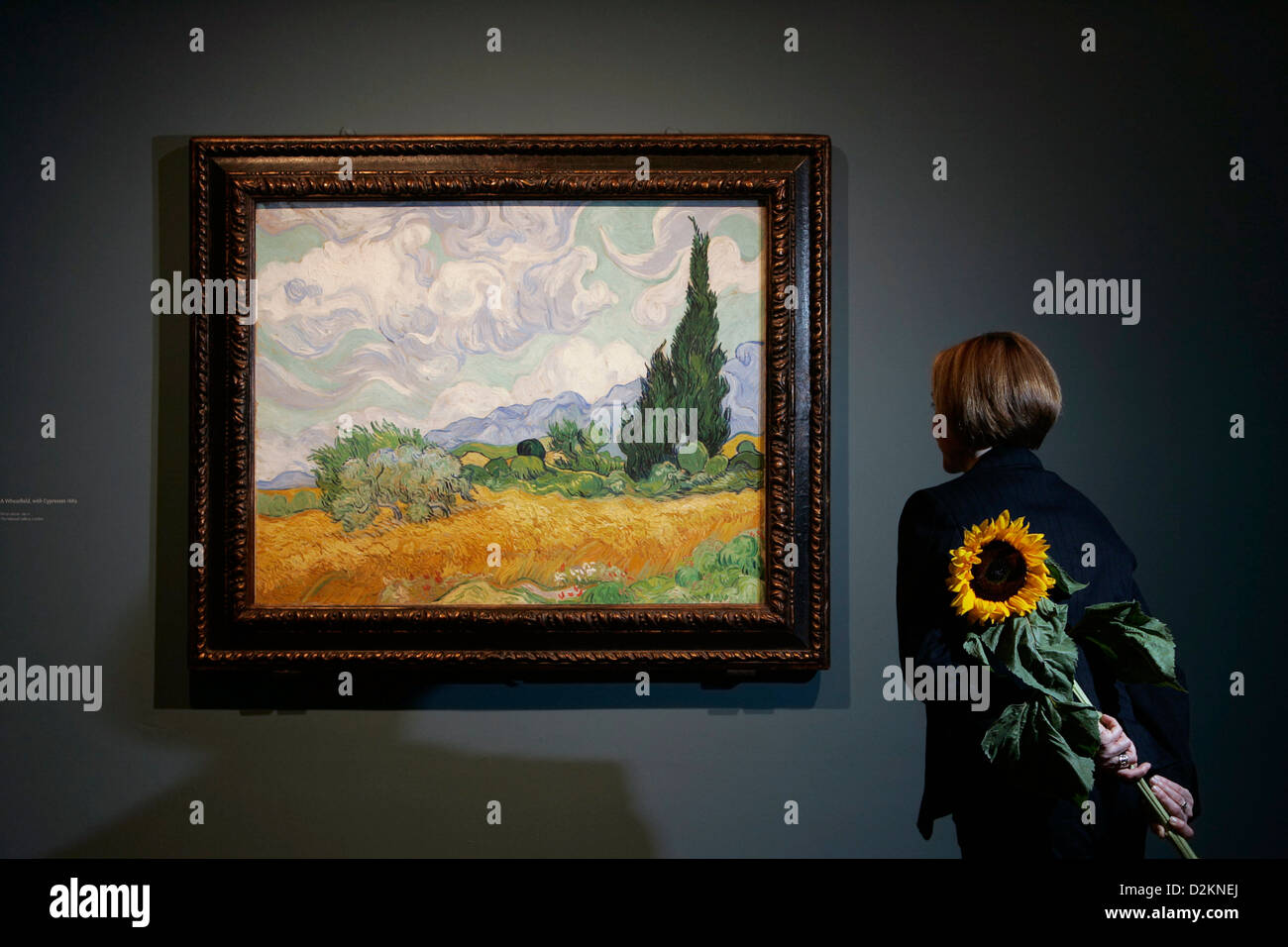 A woman holding a sunflower looks at the 1889 painting 'A Wheatfield, with Cypresses', by Vincent van Gogh Stock Photo