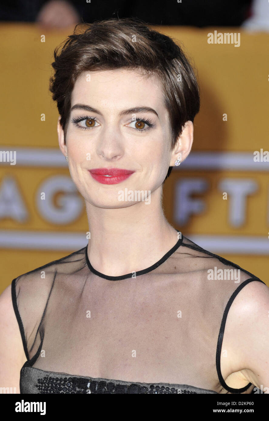 Los Angeles, California, USA. 27th January 2013. ANNE HATHAWAY arrives on the red carpet wearing a floral Erdem dress, which she accessorized with custom vegan Giuseppe Zanotti heels, a Christian Louboutin clutch and Pomelatto jewelry, for the 19th Annual Screen Actors Guild Awards at the Shrine Auditorium. 2013(Credit Image: Credit:  D. Long/Globe Photos/ZUMAPRESS.com)  ZUMA Press, Inc. / Alamy Live News Stock Photo