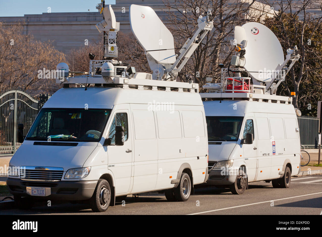 Live news TV satellite trucks USA Stock Photo Alamy