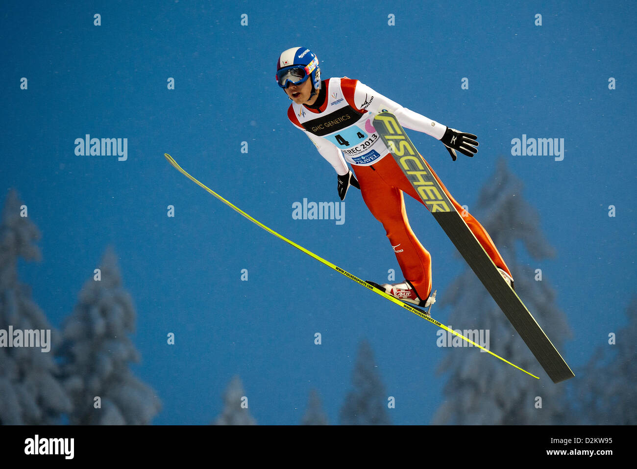 Reruhi Shimizu of Japan soars through the air during men's team ski jump event during Nordic Junior World Ski Championships in Liberec, some 90 kilometers north of Prague, Czech Rep., on Saturday, Jan. 26, 2013. (CTK  Photo/Radek Petrasek) Stock Photo