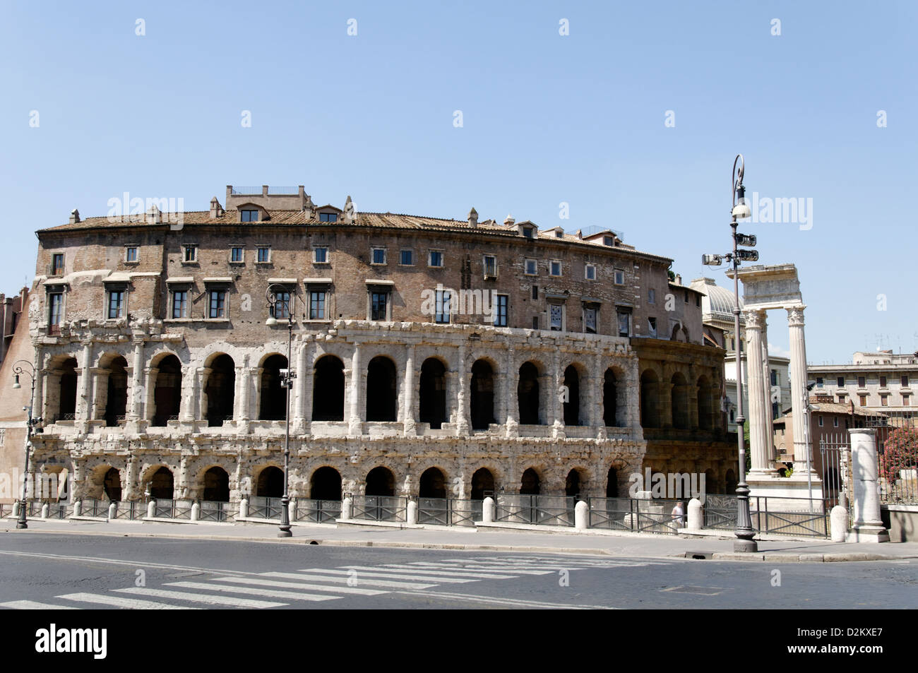 Rome Italy.The Teatro di Marcello (Theatre of Marcellus) and remaining columns and frieze of the Temple of the Greek god Apollo Stock Photo