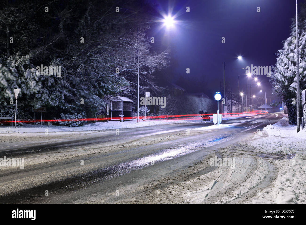 Snow on the A31 at Four Marks in Hampshire, England after a January