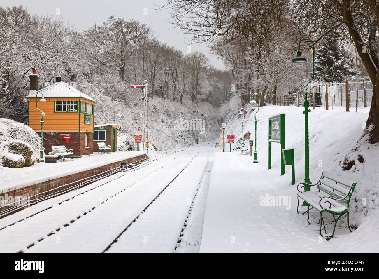 Looking along the platform and the signal box at Medstead and Four