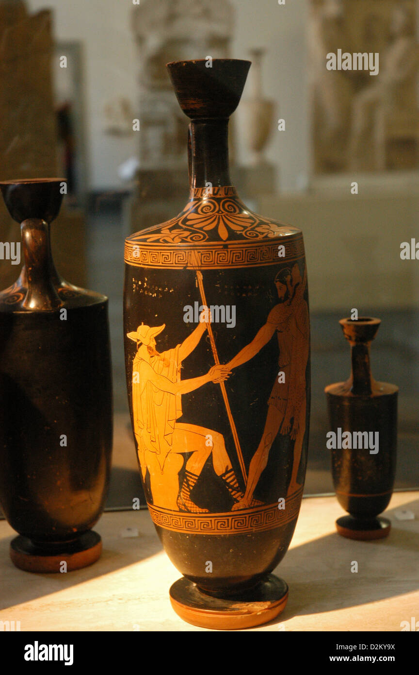 Lekythos of red figures. Narrow-necked vessel used for storing oils or perfumes for religious ceremonies. Pergamon Museum.Berlin Stock Photo