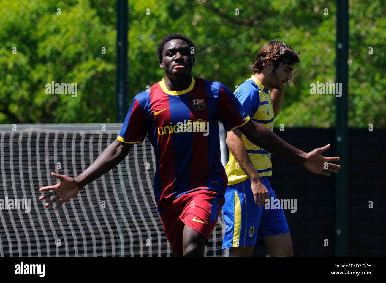 BARCELONA, SPAIN - MAY 15: Jean Marie Dongou plays with F.C Barcelona youth team against U.D Las Palmas on May 15, 2011. Stock Photo