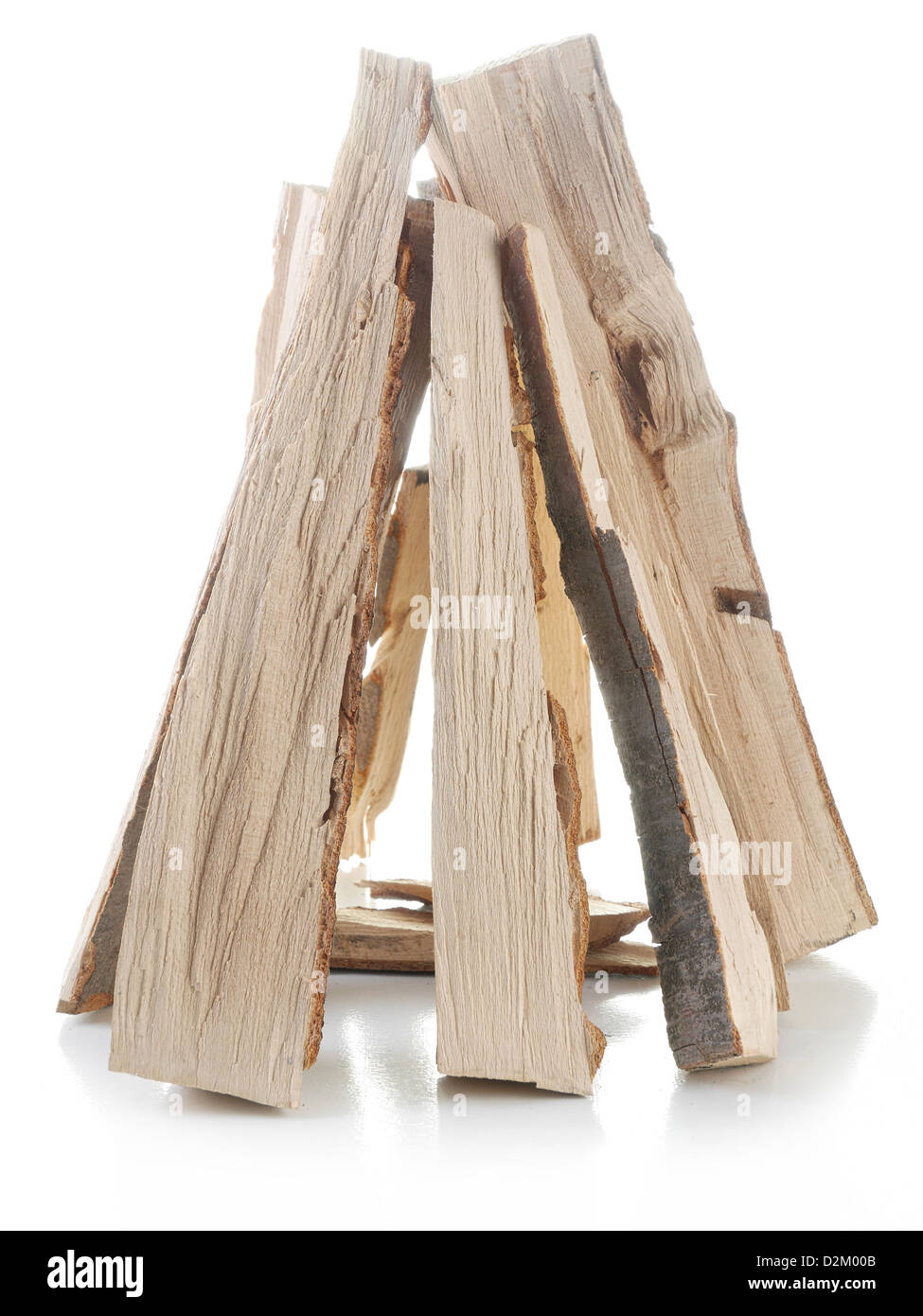 Chopped beechwood logs arranged into triangle prism shot on white Stock Photo