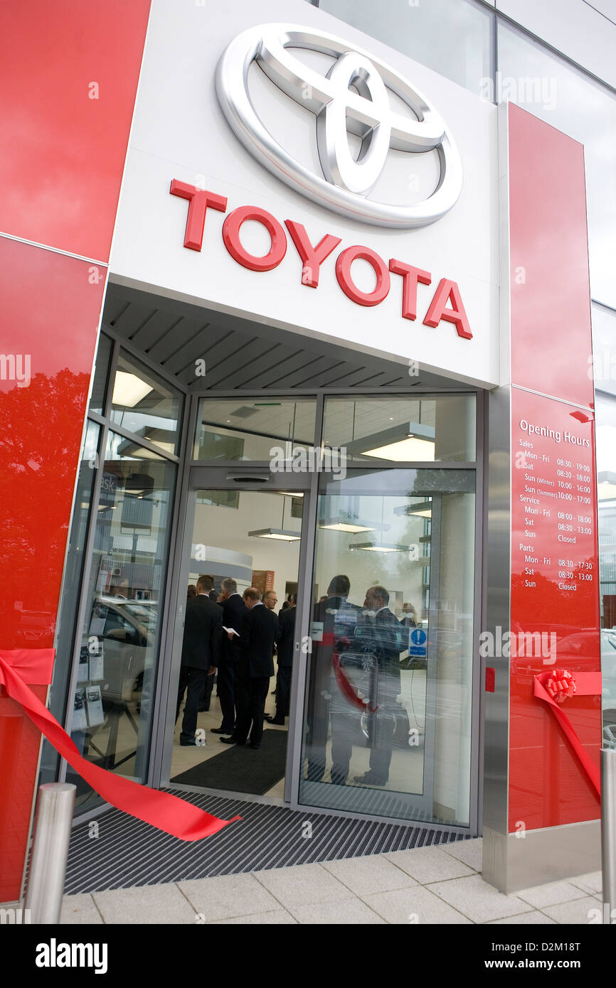 The shiny entrance to a newly built Toyota dealership in the UK Stock Photo Alamy