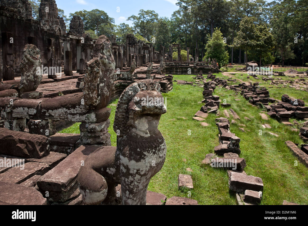 Guardian lion and garudas sculptures. Bayon temple. Angkor. Cambodia Stock Photo