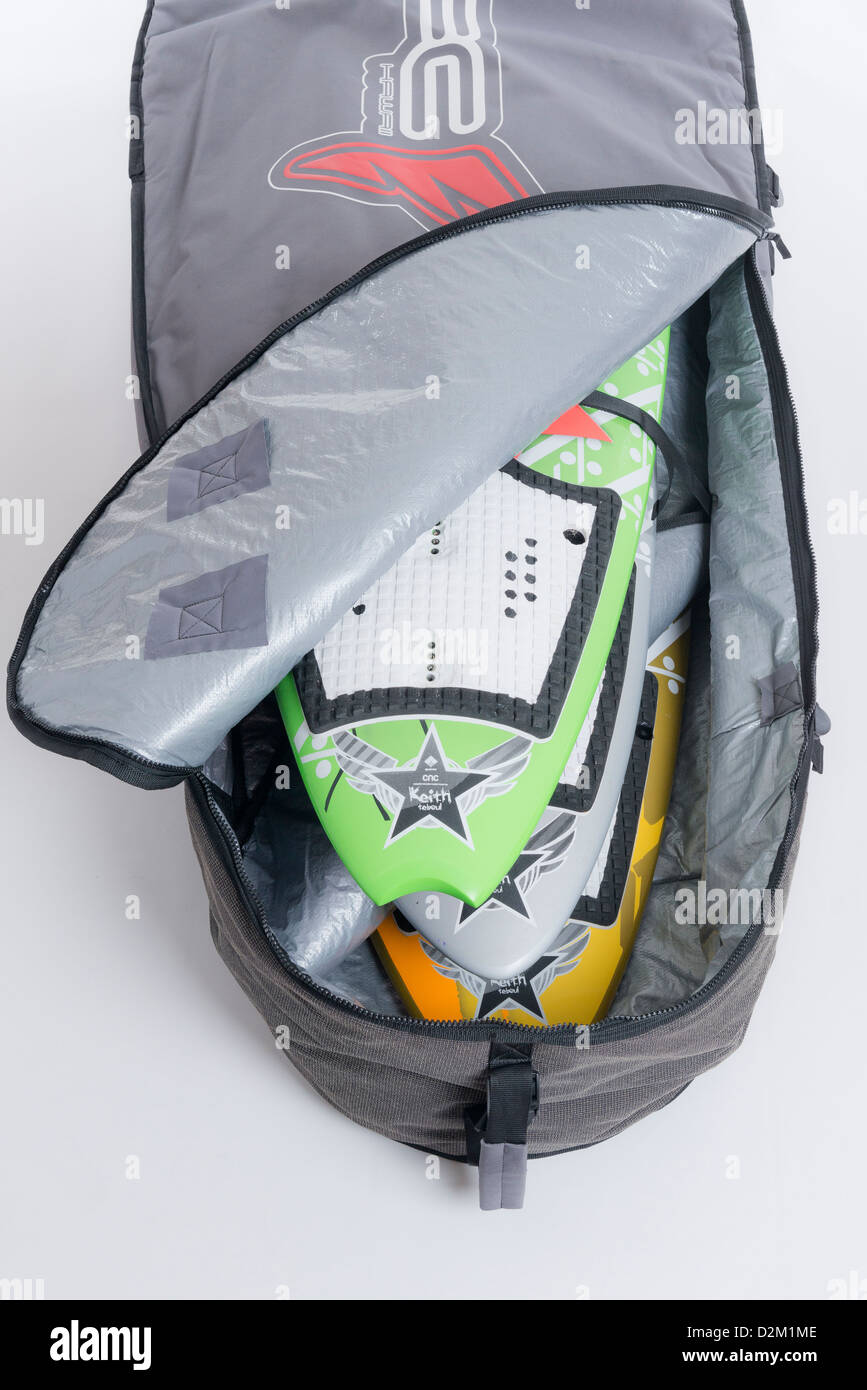 A windsurfing board bag with 3 boards. Stock Photo