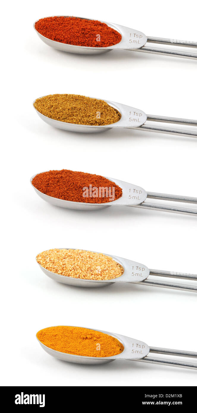 Spices measured in metal teaspoons, isolated on a white background Stock Photo