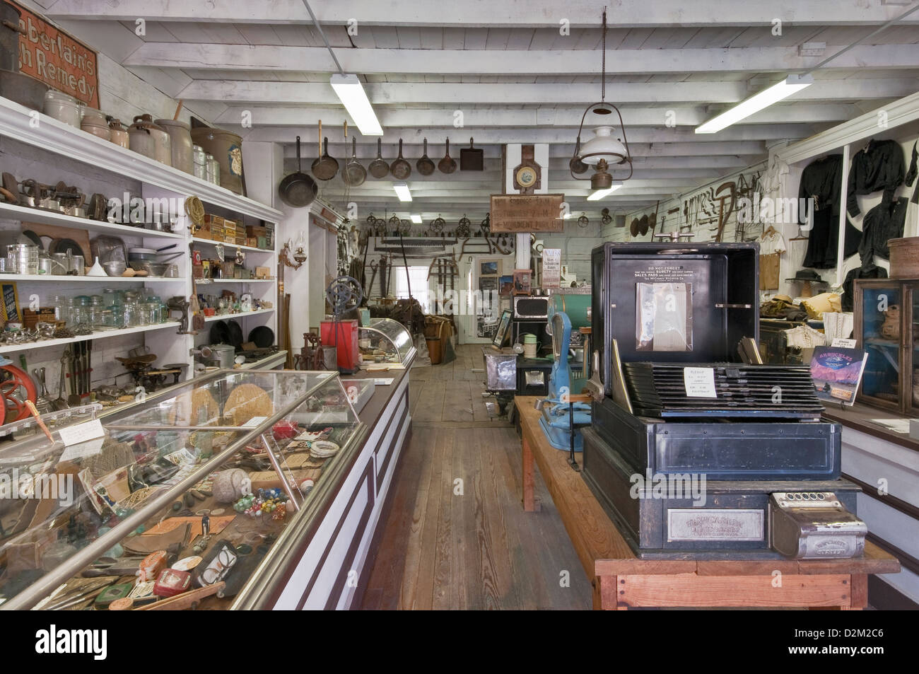 Interior of Pioneer Store Museum, 19th century McCaskey Credit System register machine on right, in Chloride, New Mexico, USA Stock Photo