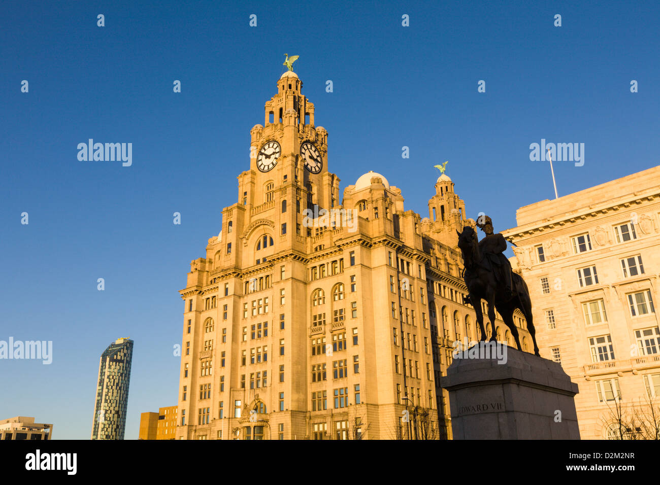 Liver Buildings and statue of Edward VII, Liverpool, England Stock Photo