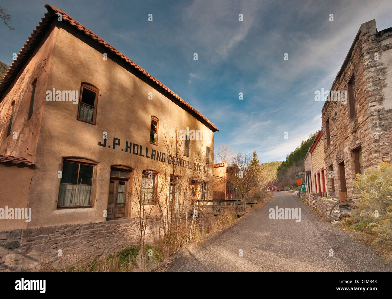 Old buildings at semi-ghost town of Mogollon, New Mexico, USA Stock Photo