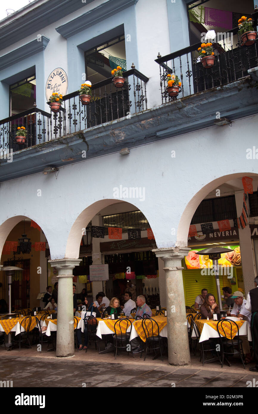 Restaurants on Oaxaca's Zocalo - Mexico Stock Photo