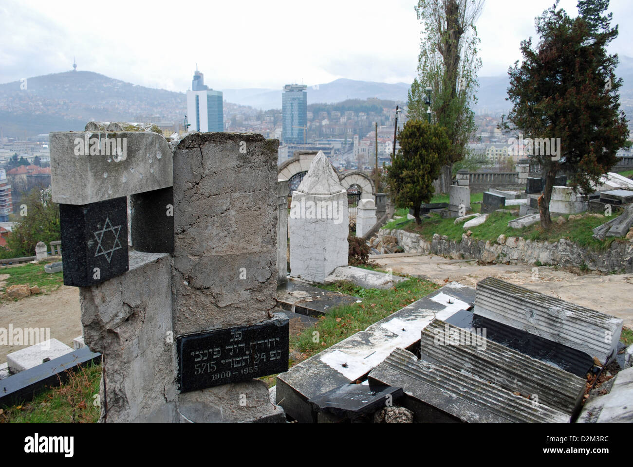 Jewish graves damaged by gun fire during siege of Sarajevo. The cemetery on Mount Trebevic was occupied by Bosnian Serb snipers. Stock Photo