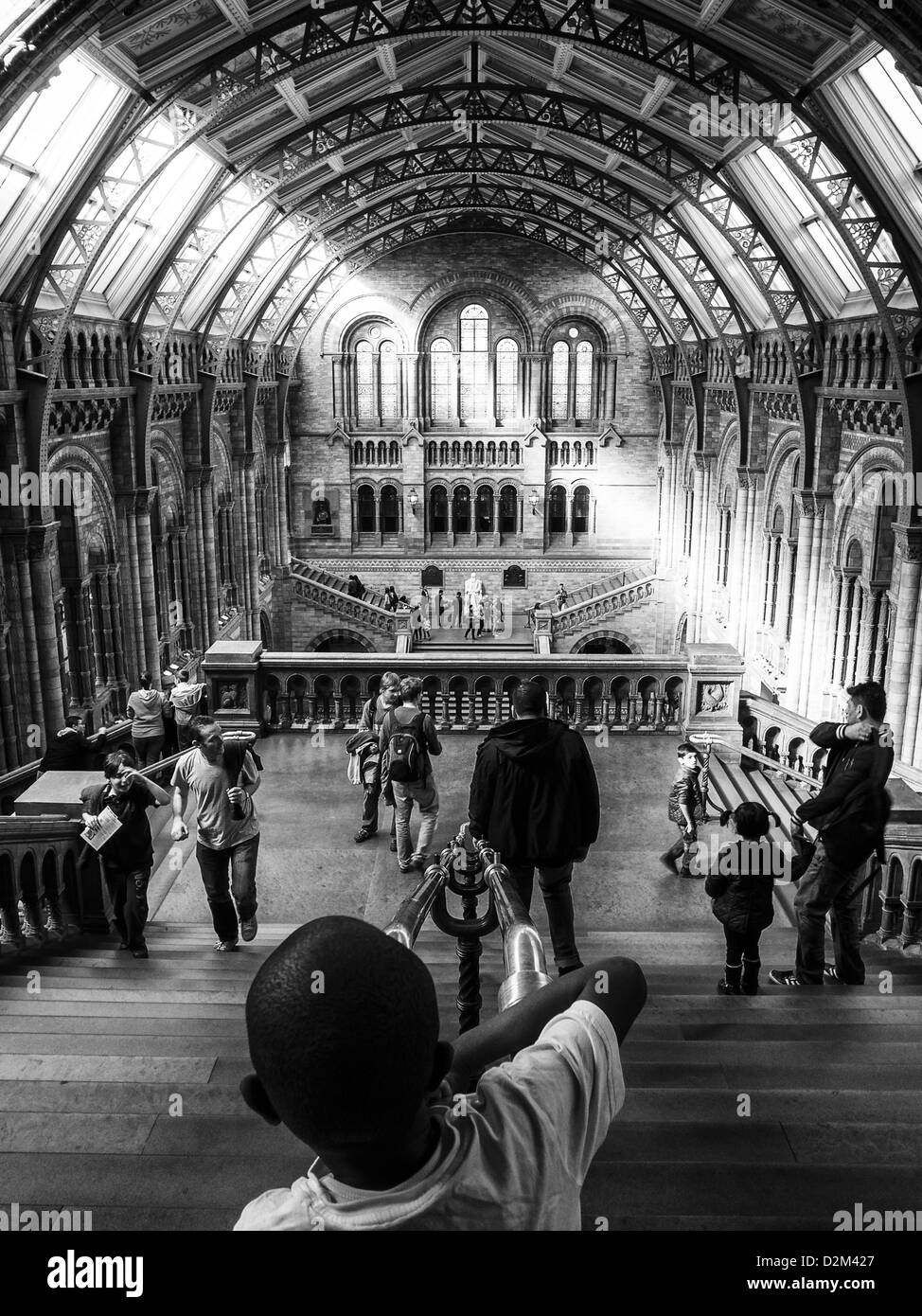 A boy on stairs of Natural history museum in London in a sunny day Stock Photo