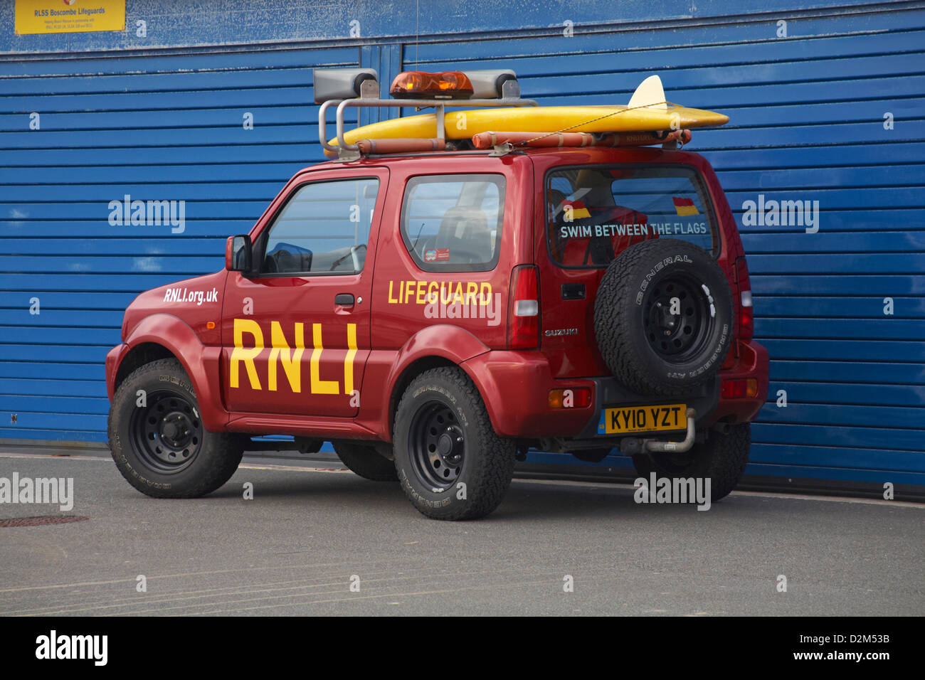 RNLI Lifeguard vehicle Suzuki Jimny SUV parked along promenade at Boscombe, Bournemouth, Dorset in January Stock Photo
