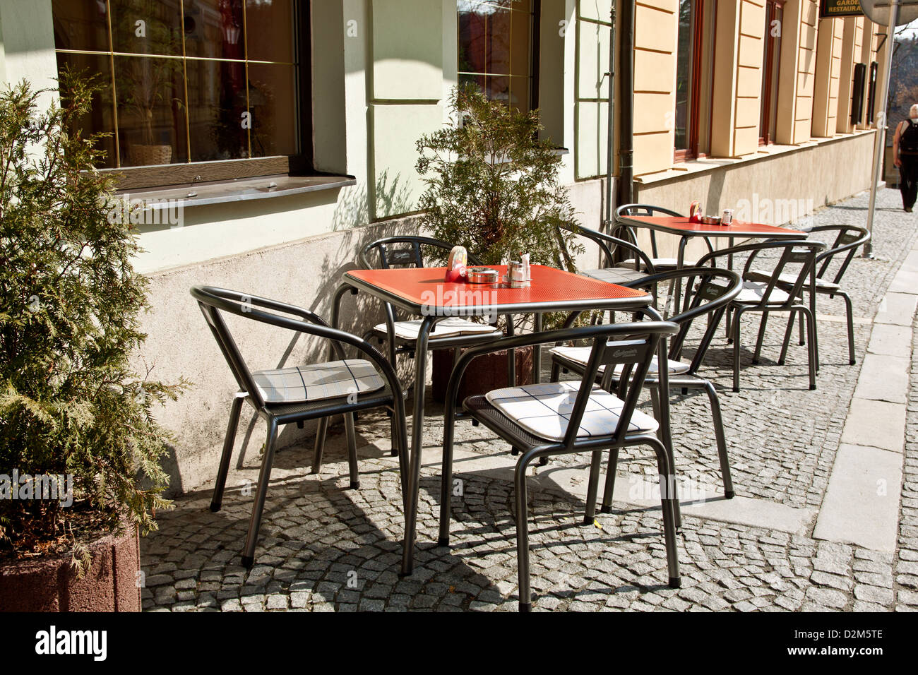 Red cafe tables Stock Photo Alamy