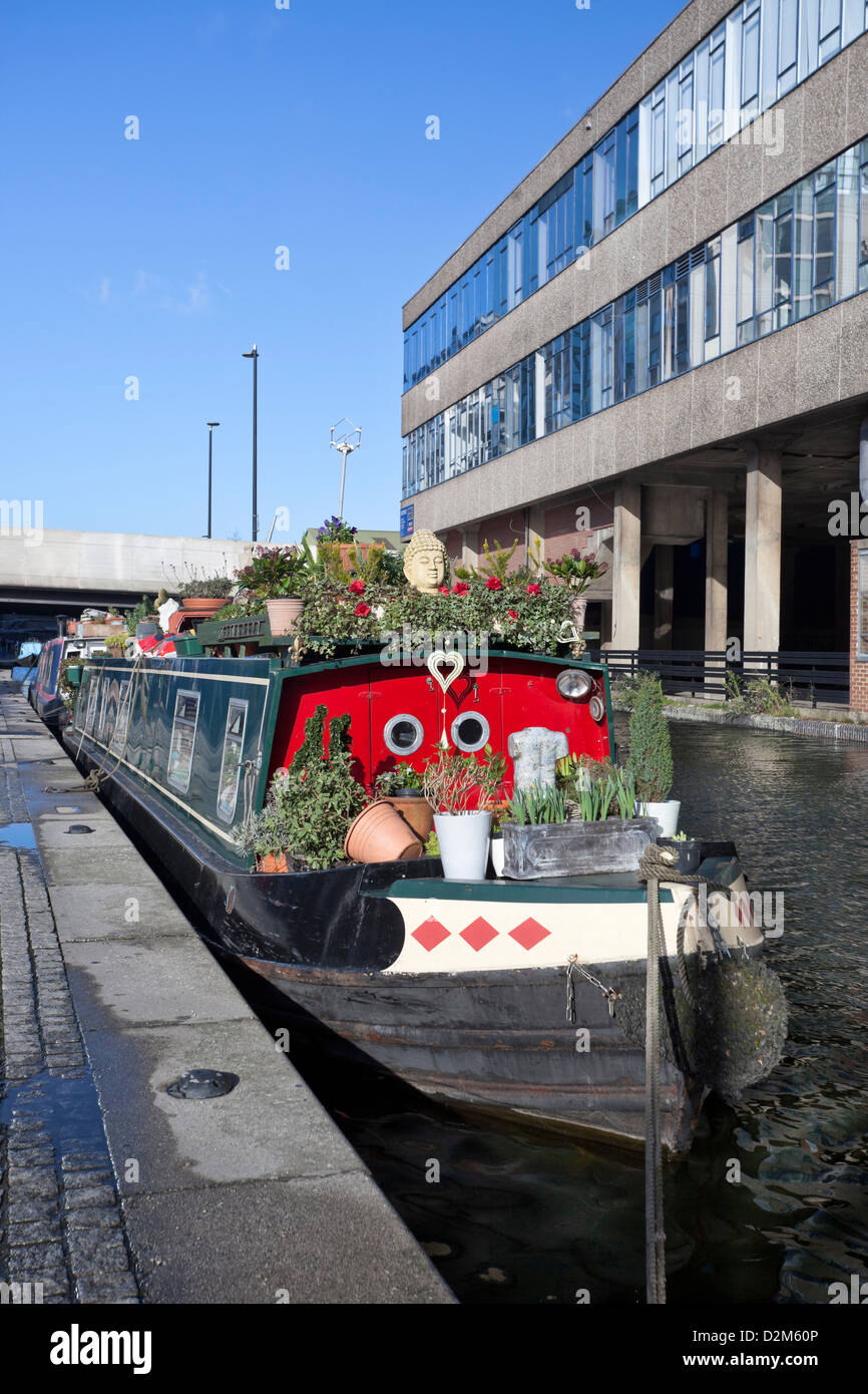 Colourful canal boat at Paddington Basin, Paddington, London, England