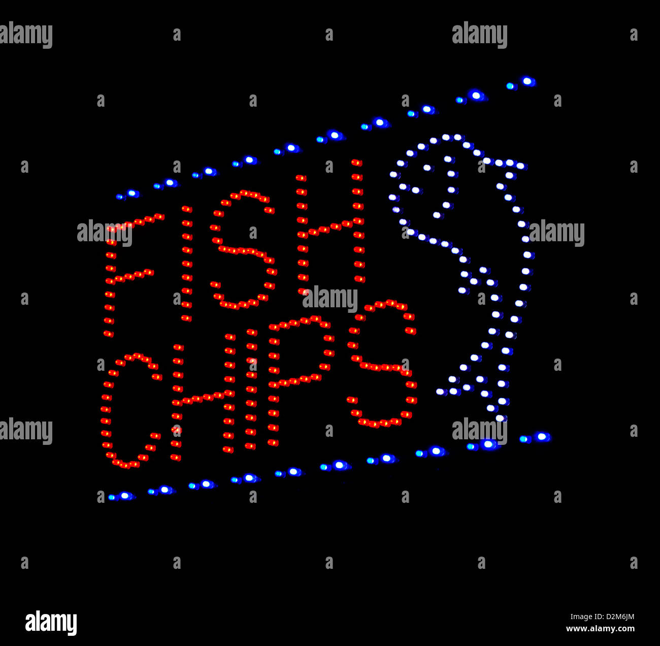 fish and chips LED sign at take away or fast food restaurant Stock Photo