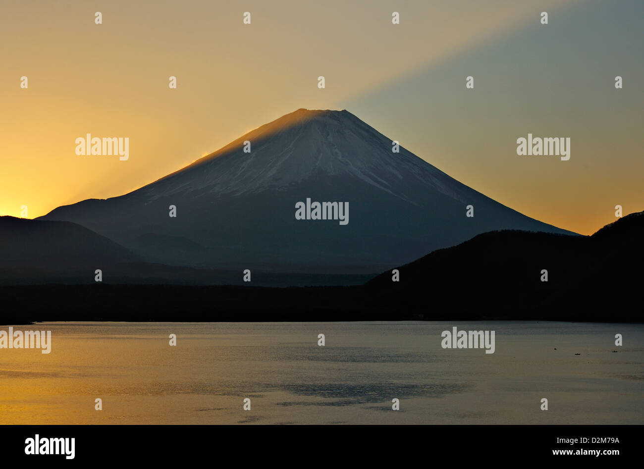 Dawn over Mount Fuji and Lake Motosu, Japan Stock Photo