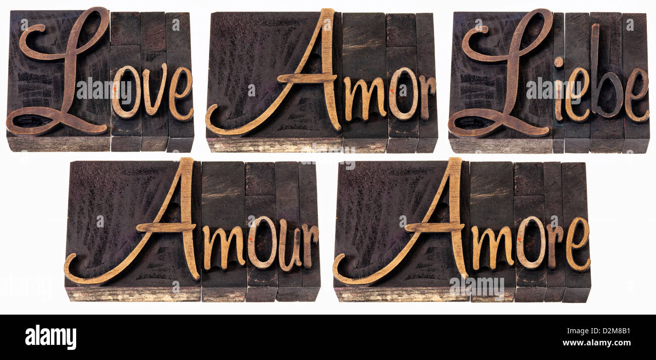 Love Word In Languages English Spanish German French And Italian A Collage Of Isolated Text In Vintage Wood Type Love Word In Languages English Spanish German French And Italian A Collage Of Isolated Text In Vintage Wood Type